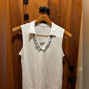 Talbots Sleeveless White Polo Tank with Turquoise Blue Trim